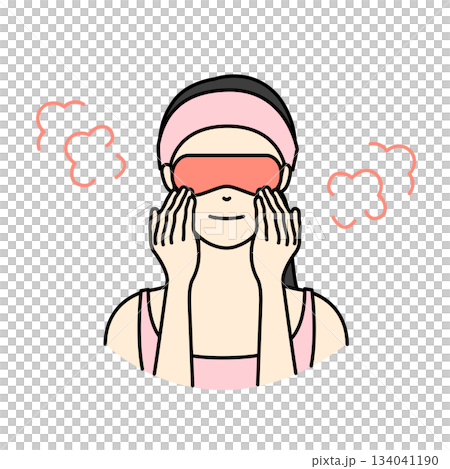 一幅插圖描繪了一位頭戴粉紅色毛巾頭巾的女子，她正戴著熱眼罩放鬆地暖眼。 134041190