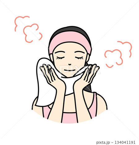 ピンクのタオルターバンを巻いた女性が温かいタオルで蒸しタオル美容をするイラスト 134041191