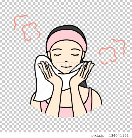 一幅插圖，描繪了一位頭戴粉紅色毛巾頭巾的女士正在用熱毛巾進行蒸汽美容護理。 134041191