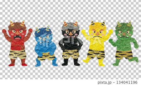 一套五張不同姿勢的彩色惡魔人物，用和紙剪紙製作而成。 134041196