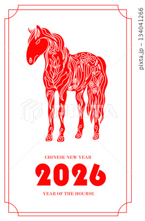 Minimalist style greeting card for Chinese new year of the red horse 2026. Zodiac horse shape with blossoms pattern. Happy Chinese New Year Banner. Vector illustration Minimalist style greeting card for Chinese new year of the red horse 2026. Zodiac horse shape with blossoms pattern. Happy Chinese New Year Banner. Vector illustration 134041266