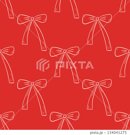 Charming seamless pattern featuring hand-drawn bows on red background, perfect for feminine stationery, gift wrap, decor. Whimsical print Charming seamless pattern featuring hand-drawn bows on red background, perfect for feminine stationery, gift wrap, decor. Whimsical print 134041275