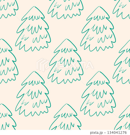 Seamless Hand Drawn Christmas Tree Pattern Design. Pattern for wrapping paper, packaging, fabric design. Whimsical coquette vintage design. 134041276