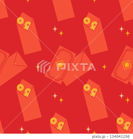 Hongbao red envelope with coins vector pattern. Asian festive envelope with ornament. Traditional money gift for Lunar New Year, wedding and other occasions. Flat illustration. 134041298