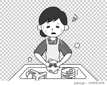 一幅黑白插圖，描繪了一位面容疲憊的家庭主婦正在洗碗。 134041359