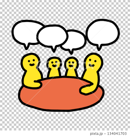 Family of four sitting around a table with a child in the middle - Family meeting | Hand-drawn illustration icon 134041703