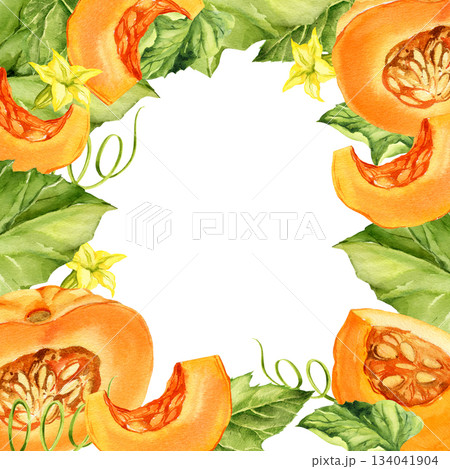 frame with watercolor ripe orange pumpkin and piece, green leaves, stems, yellow flowers, autumn harvest illustration, hand drawn sketch of vegetable, for Halloween, thanksgiving day fall festival 134041904