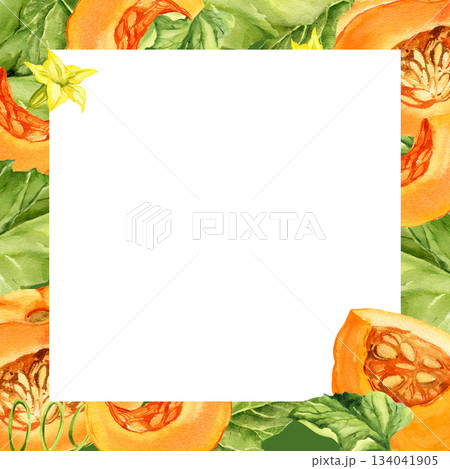 frame with watercolor ripe orange pumpkin and piece, green leaves, stems, yellow flowers, autumn harvest illustration, hand drawn sketch of vegetable, for Halloween, thanksgiving day fall festival frame with watercolor ripe orange pumpkin and piece, green leaves, stems, yellow flowers, autumn harvest illustration, hand drawn sketch of vegetable, for Halloween, thanksgiving day fall festival 134041905