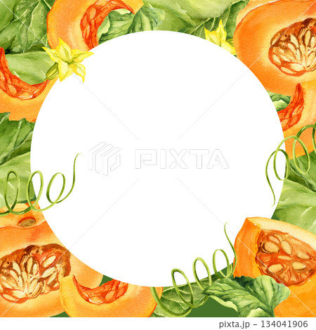 frame with watercolor ripe orange pumpkin and piece, green leaves, stems, yellow flowers, autumn harvest illustration, hand drawn sketch of vegetable, for Halloween, thanksgiving day fall festival frame with watercolor ripe orange pumpkin and piece, green leaves, stems, yellow flowers, autumn harvest illustration, hand drawn sketch of vegetable, for Halloween, thanksgiving day fall festival 134041906