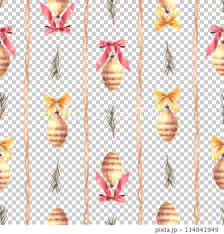 Pine cone Christmas fir toys with golden and red bows and spruce branch seamless watercolor painted pattern. Xmas, New year vintage striped fabric ,wrapping paper Isolated from background illustration Pine cone Christmas fir toys with golden and red bows and spruce branch seamless watercolor painted pattern. Xmas, New year vintage striped fabric ,wrapping paper Isolated from background illustration 134041949