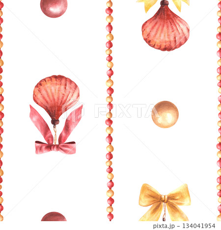 Vintage Christmas tree toy, seashell shape with bow and striped red gold balls garland. Watercolor seamless patten for packaging paper, festive fabric. Hand drawn illustration isolated from background Vintage Christmas tree toy, seashell shape with bow and striped red gold balls garland. Watercolor seamless patten for packaging paper, festive fabric. Hand drawn illustration isolated from background 134041954