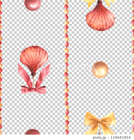 Vintage Christmas tree toy, seashell shape with bow and striped red gold balls garland. Watercolor seamless patten for packaging paper, festive fabric. Hand drawn illustration isolated from background Vintage Christmas tree toy, seashell shape with bow and striped red gold balls garland. Watercolor seamless patten for packaging paper, festive fabric. Hand drawn illustration isolated from background 134041954