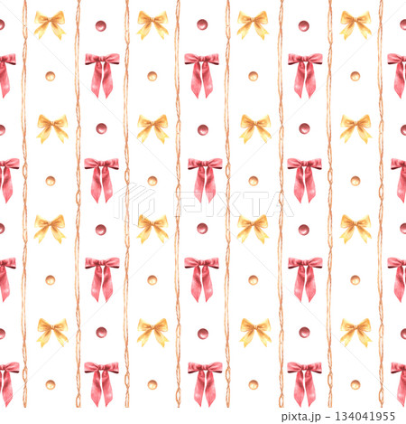 Bows and gold, red balls with vertical rope vintage ornaments.Watercolor Christmas seamless pattern. New year festive wrapping paper, fabric print on Isolated white background Hand drawn illustration 134041955