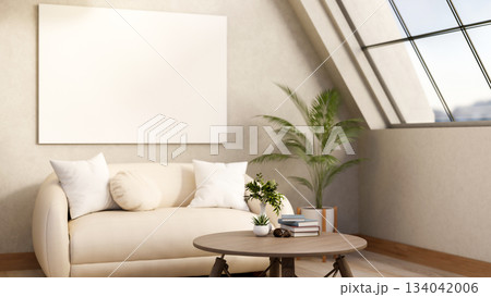 White leather sofa with cushion and round wooden table under roof window and a wall with blank frame 134042006