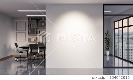 Empty white wall between a meeting room with black table and armchair and shiny grey marble corridor Empty white wall between a meeting room with black table and armchair and shiny grey marble corridor 134042016