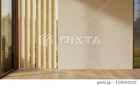 White wall empty room and wooden parquet floor with the blinds covered glass door or wall window. White wall empty room and wooden parquet floor with the blinds covered glass door or wall window. 134042030
