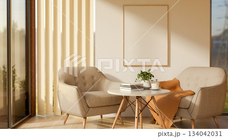 Armchairs and round table on wooden parquet floor in a white wall room with the blinds covered door. 134042031