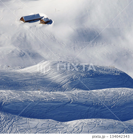 Winter scene in Stoos, tracks in the snow, Switzerland. Winter scene in Stoos, tracks in the snow, Switzerland. 134042343