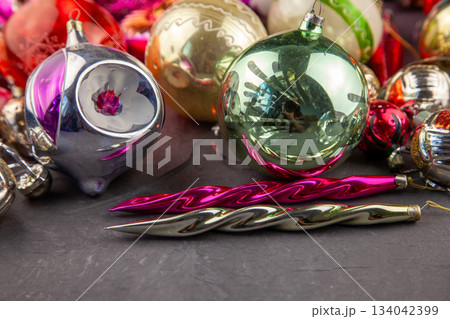 Christmas tree toy. Glass balls. New year ball background retro vintage. December mood. 134042399