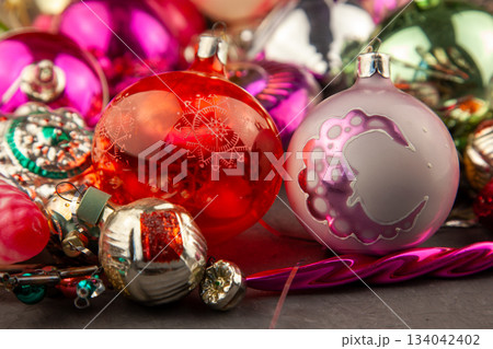 Christmas tree toy. Glass balls. New year ball background retro vintage. December mood. 134042402