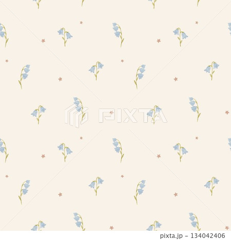 Seamless watercolor pattern with delicate bluebells and small stars on a light cream background. Ideal for nursery prints, baby clothes, and spring-themed designs. Seamless watercolor pattern with delicate bluebells and small stars on a light cream background. Ideal for nursery prints, baby clothes, and spring-themed designs. 134042406