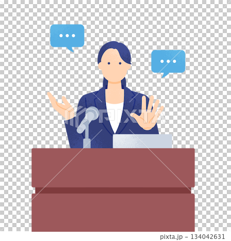セミナー、講演会の司会 演説台でプレゼンをするスーツを着た女性のベクターイラスト素材 134042631