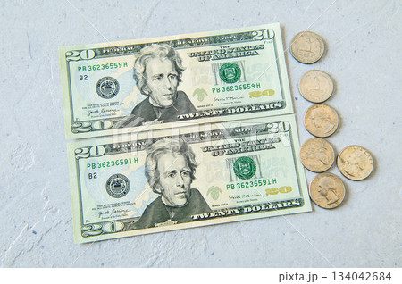 20ドル札とUSコインのフラットレイ2 134042684