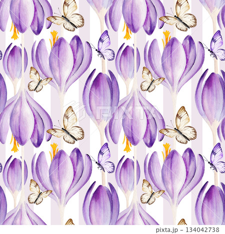 spring lilac flowers, flying butterfly, hand drawn watercolor blue and lilac crocuses, green leaves, seamless pattern, spring Easter illustration of purple bouquet for party, kitchen decoration 134042738