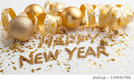 Festive golden ornaments and confetti with Happy New Year message for celebration background Festive golden ornaments and confetti with Happy New Year message for celebration background 134042798