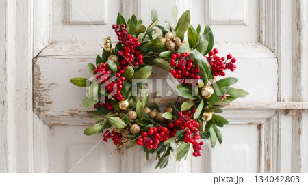 Festive Christmas wreath adorned with red berries and golden ornaments on rustic wooden door Festive Christmas wreath adorned with red berries and golden ornaments on rustic wooden door 134042803
