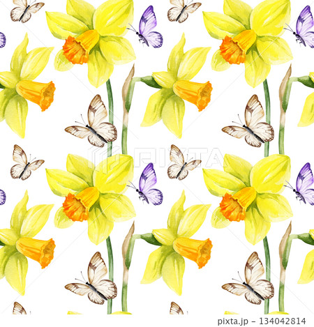 yellow flowers with flying butterflies, seamless pattern with hand drawn watercolor daffodils, narcissus, spring Easter illustration of jonquils bouquet, green leaves, party, kitchen decoration yellow flowers with flying butterflies, seamless pattern with hand drawn watercolor daffodils, narcissus, spring Easter illustration of jonquils bouquet, green leaves, party, kitchen decoration 134042814