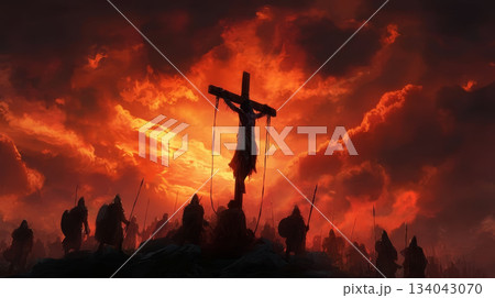 Crucifixion silhouette stormy sky dramatic sunset hill soldiers spears sorrow worship scene with intense mood and light 134043070