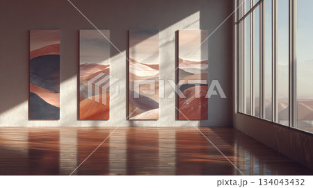 Sunlit gallery abstract landscape modern art warm palette large minimalist decor natural light wooden floor wall panel serene Sunlit gallery abstract landscape modern art warm palette large minimalist decor natural light wooden floor wall panel serene 134043432