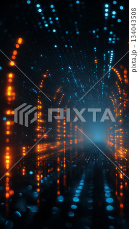Neon tunnel cyber light glowing dots blue orange bokeh futuristic corridor sci fi abstract background depth blur motion Neon tunnel cyber light 134043508