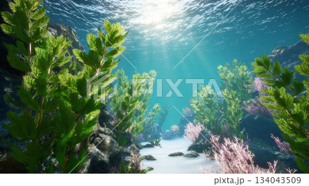 Underwater kelp forest sun rays clear water marine life ocean floor seaweed vibrant serene scene with rocky reef and soft sand path 134043509