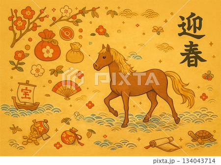 馬と宝尽くしの年賀状テンプレート 134043714