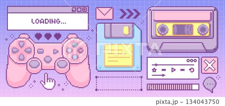 Y2k retro pixel game elements in pastel colors Y2k retro pixel game elements in pastel colors 134043750