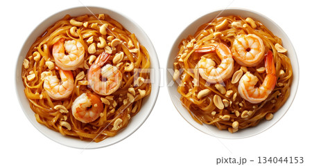 Stir-fried shrimp Pad Thai with crushed peanuts and rice noodles, isolated on white background, concept of Thai cuisine Stir-fried shrimp Pad Thai with crushed peanuts and rice noodles, isolated on white background, concept of Thai cuisine 134044153