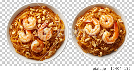 Stir-fried shrimp Pad Thai with crushed peanuts and rice noodles, isolated on white background, concept of Thai cuisine 134044153