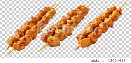Grilled chicken Satay skewer with a golden brown glaze, isolated on white background, concept of tasty street food Grilled chicken Satay skewer with a golden brown glaze, isolated on white background, concept of tasty street food 134044154