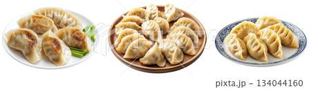 Pan-fried or steamed dumplings Jiaoz arranged on a wooden plate, isolated on white background, concept of Asian cuisine 134044160