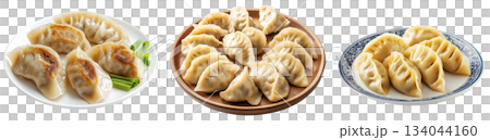 Pan-fried or steamed dumplings Jiaoz arranged on a wooden plate, isolated on white background, concept of Asian cuisine 134044160