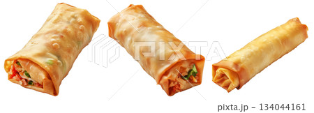 Crispy golden spring rolls with flaky texture shown isolated on white transparent background, Asian snack concept Crispy golden spring rolls with flaky texture shown isolated on white transparent background, Asian snack concept 134044161