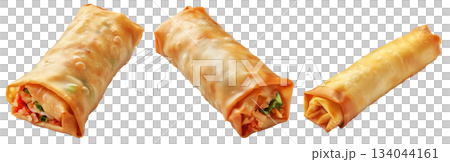 Crispy golden spring rolls with flaky texture shown isolated on white transparent background, Asian snack concept Crispy golden spring rolls with flaky texture shown isolated on white transparent background, Asian snack concept 134044161