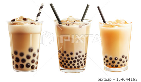 Creamy bubble milk tea with tapioca pearls in glass cup, isolated on white transparent background Creamy bubble milk tea with tapioca pearls in glass cup, isolated on white transparent background 134044165