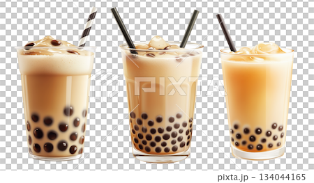 Creamy bubble milk tea with tapioca pearls in glass cup, isolated on white transparent background Creamy bubble milk tea with tapioca pearls in glass cup, isolated on white transparent background 134044165