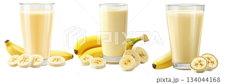 Glass of Korean banana milk smoothie with bananas and slices isolated on white background. Concept of healthy eating 134044168