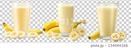 Glass of Korean banana milk smoothie with bananas and slices isolated on white background. Concept of healthy eating 134044168