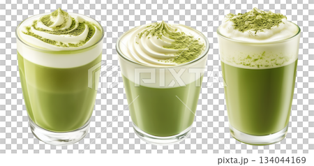 Creamy matcha latte topped with whipped cream and green tea powder in glass, isolated on a white transparent background 134044169