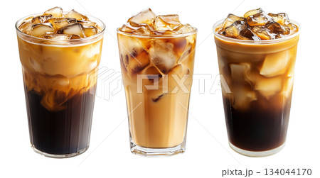 Iced latte Vietnamese Ca Phe Sua Da made with cold milk and espresso in tall clear glass, isolated on white background 134044170